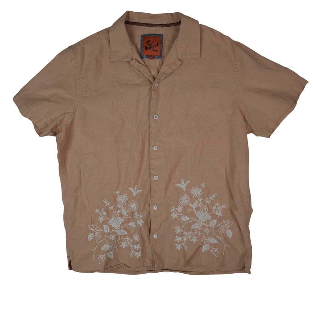 Newport‎ Isle Button Up Shirt M Salmon Cotton Linen Floral Aloha Beach Vacation